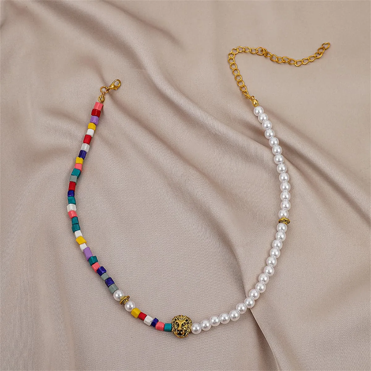Pearl & Howlite 18K Gold-Plated Lion Beaded Choker Necklace