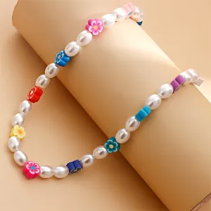 Pearl & Polymer Clay 18K Gold-Plated Multicolor Flowers Choker