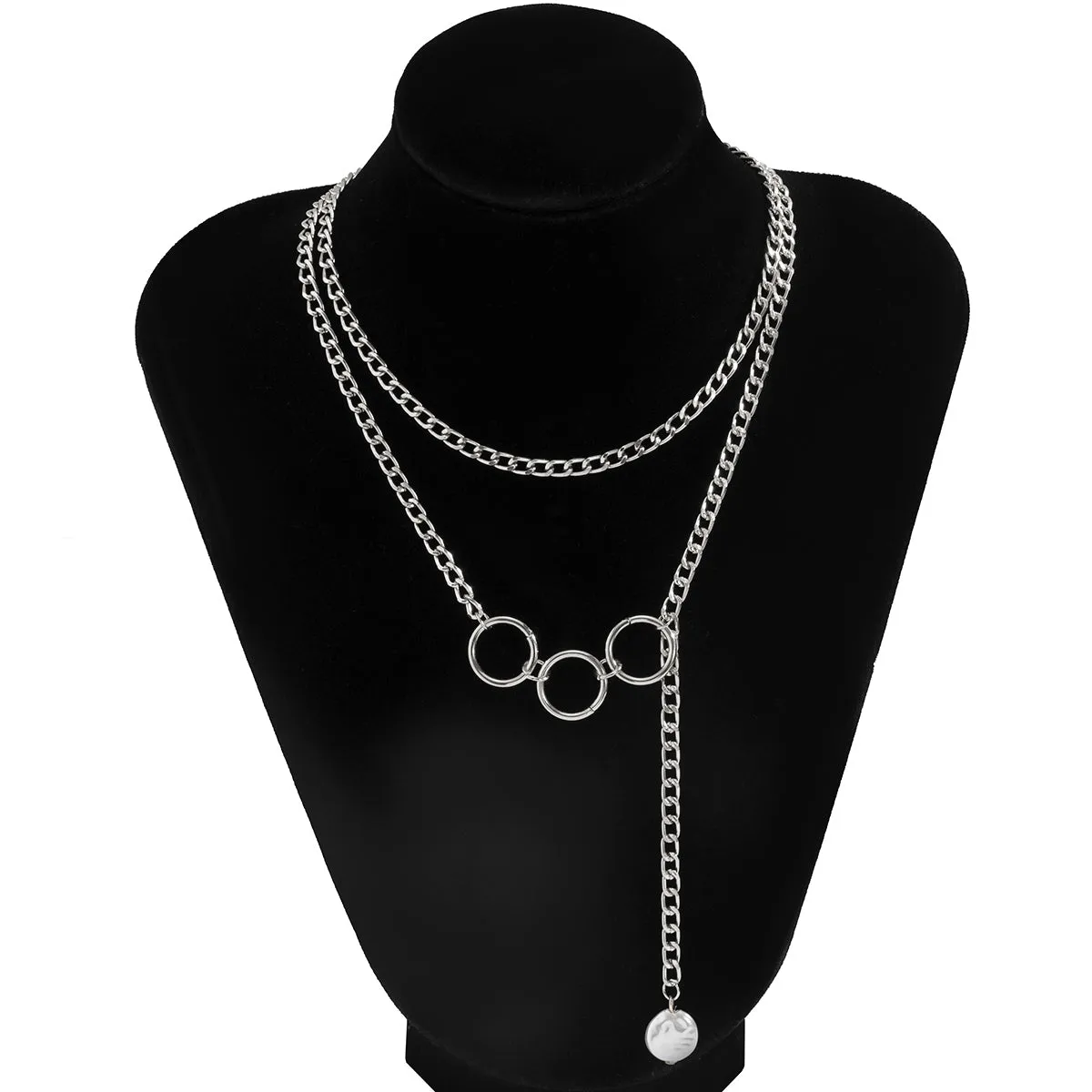 Pearl & Silver-Plated Tri-Ring Layered Lariat Necklace