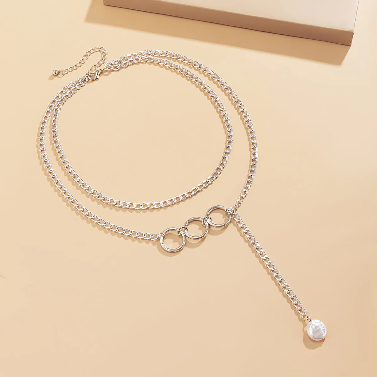 Pearl & Silver-Plated Tri-Ring Layered Lariat Necklace