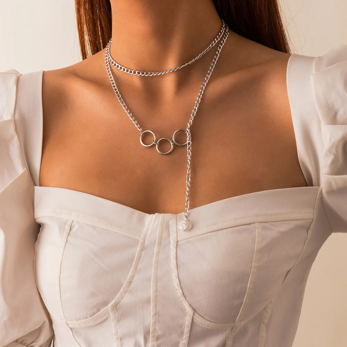 Pearl & Silver-Plated Tri-Ring Layered Lariat Necklace