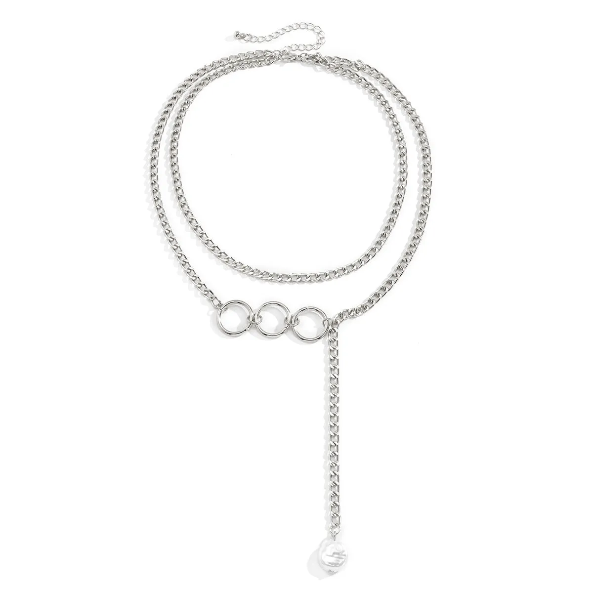 Pearl & Silver-Plated Tri-Ring Layered Lariat Necklace