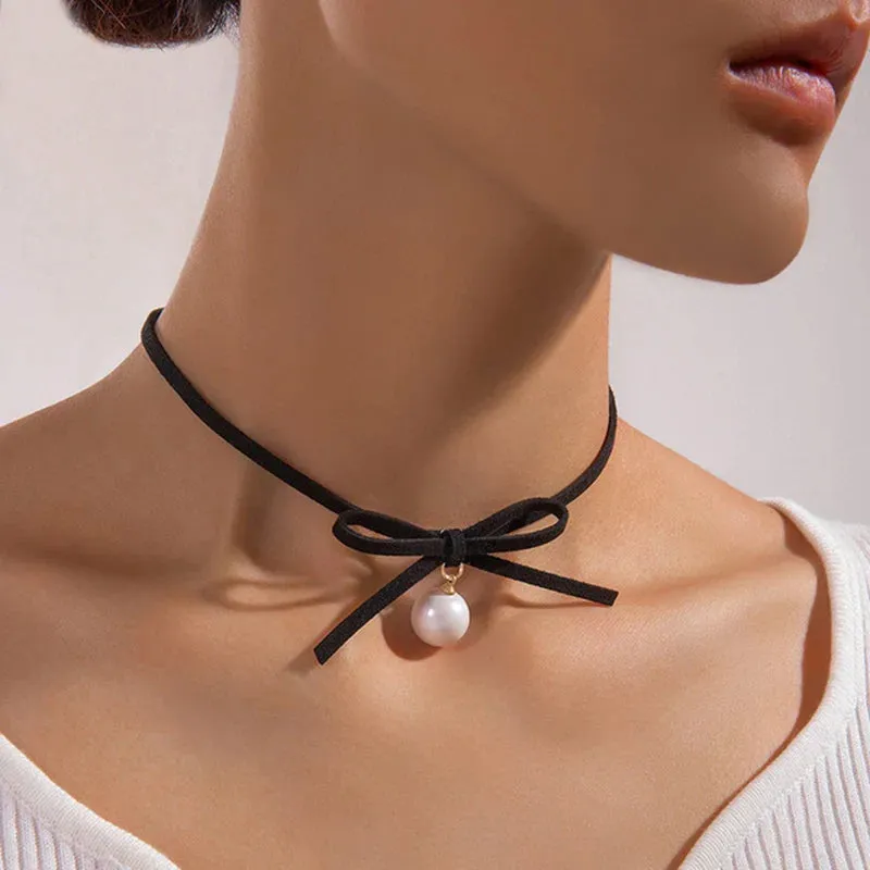 Pearl Stone Choker Necklace Elegant Trend Lace up Rope Clavicle Chain for Women