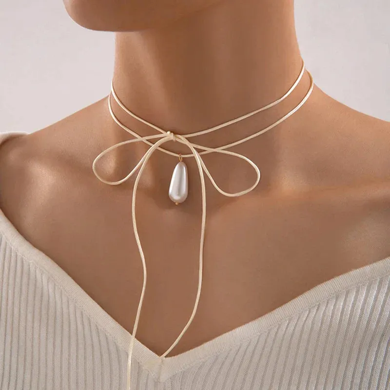 Pearl Stone Choker Necklace Elegant Trend Lace up Rope Clavicle Chain for Women
