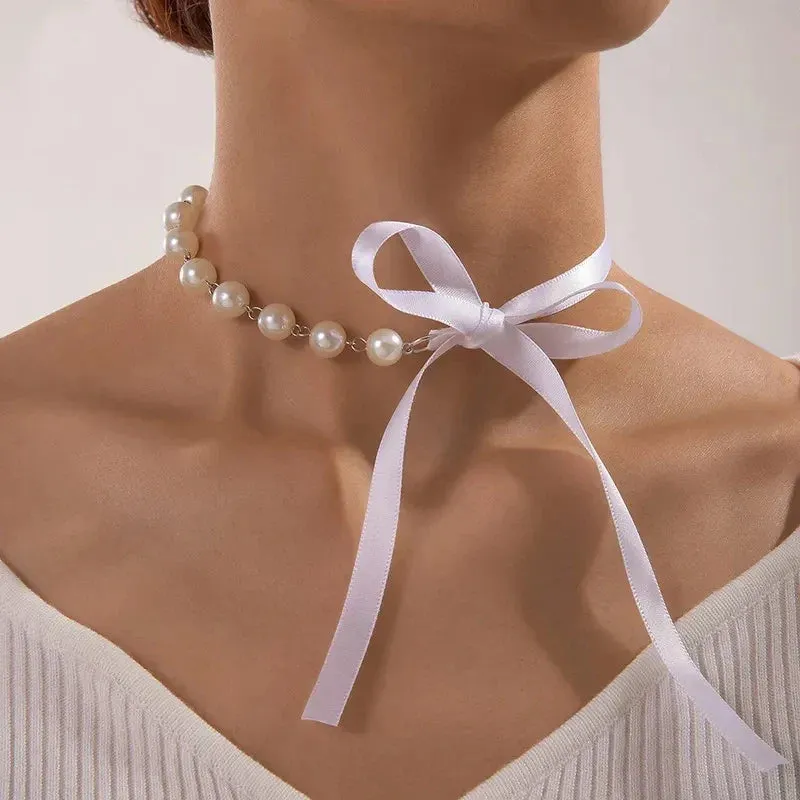 Pearl Stone Choker Necklace Elegant Trend Lace up Rope Clavicle Chain for Women