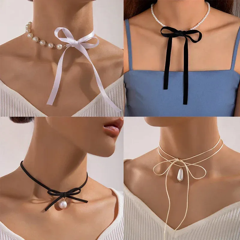 Pearl Stone Choker Necklace Elegant Trend Lace up Rope Clavicle Chain for Women