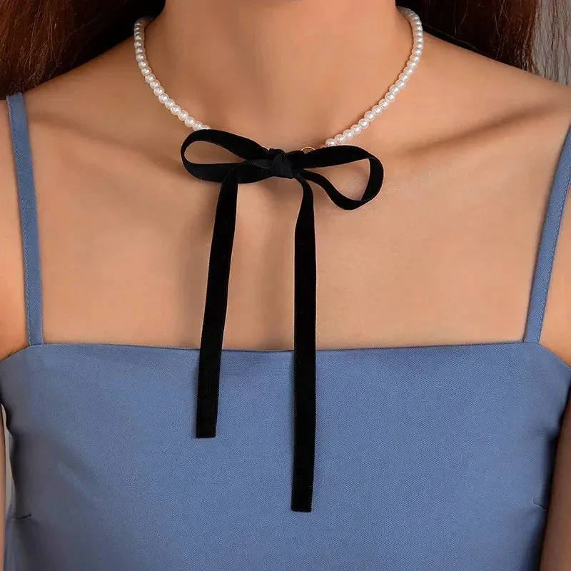 Pearl Stone Choker Necklace Elegant Trend Lace up Rope Clavicle Chain for Women