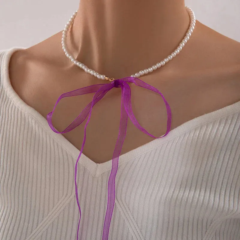 Pearl Stone Choker Necklace Elegant Trend Lace up Rope Clavicle Chain for Women