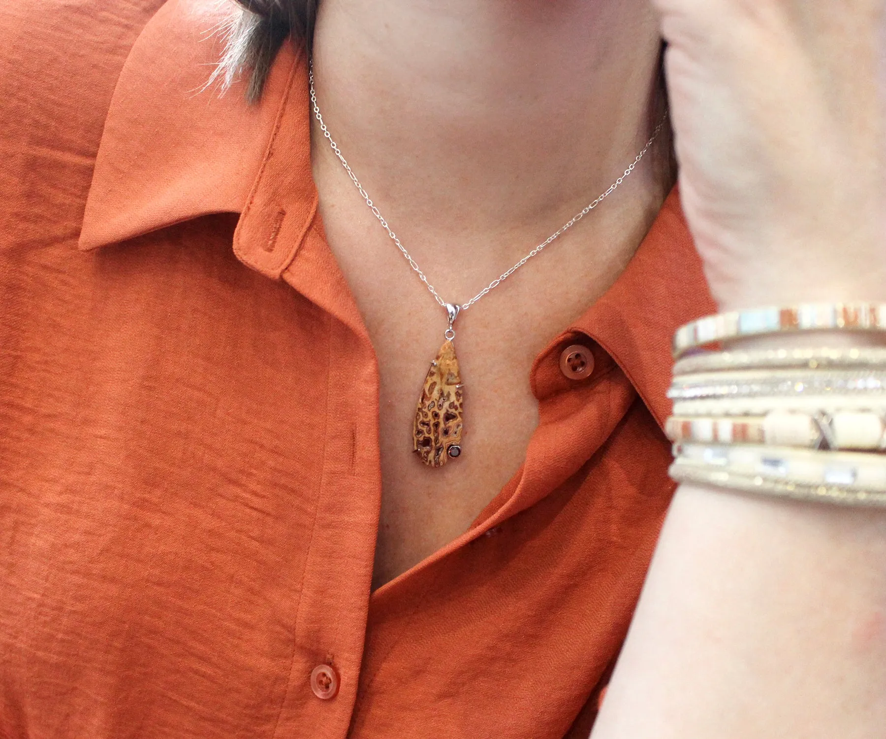 Petrified Wood Teardrop Druzy Necklace