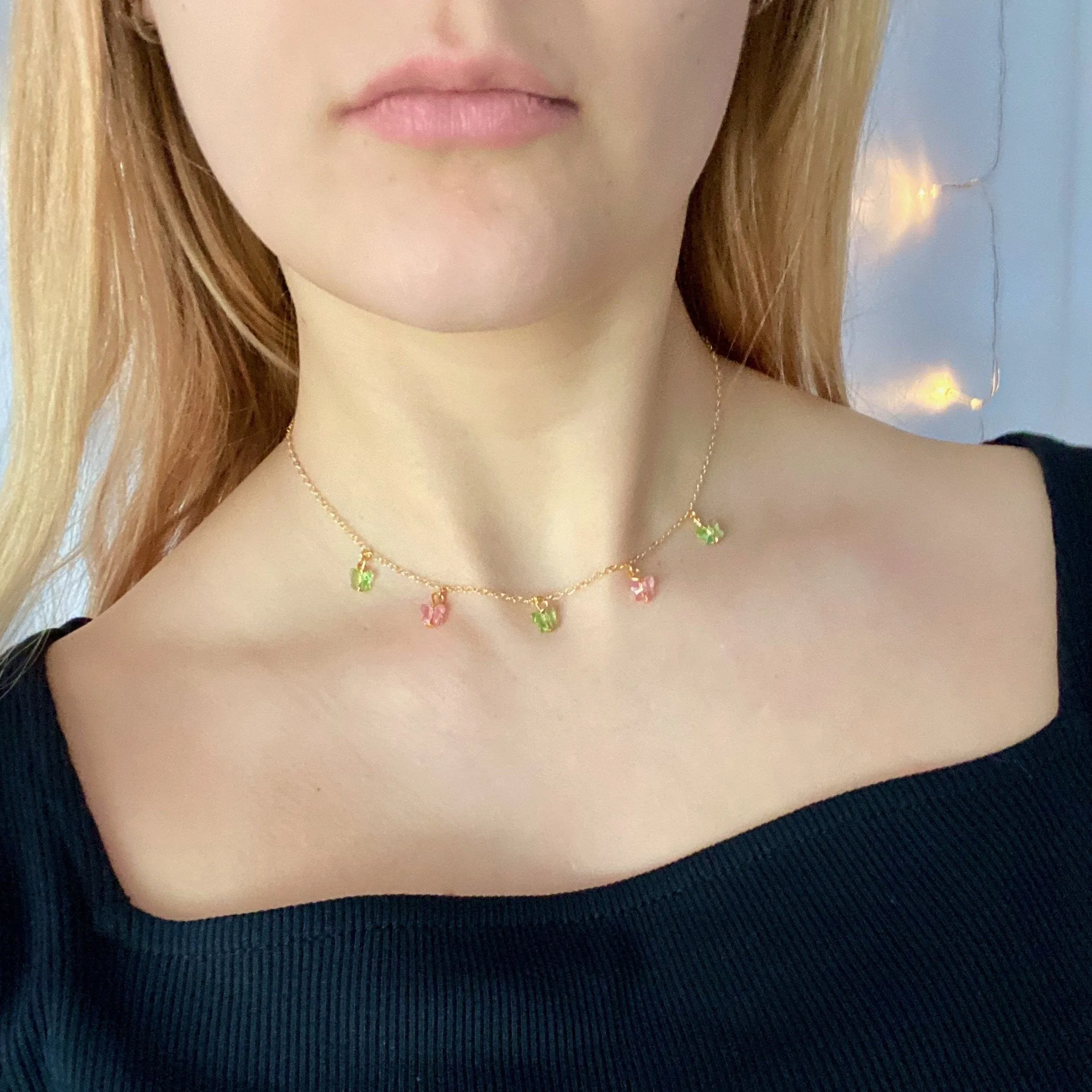 Pink  Peridot Butterfly Choker 14K Gold Necklace