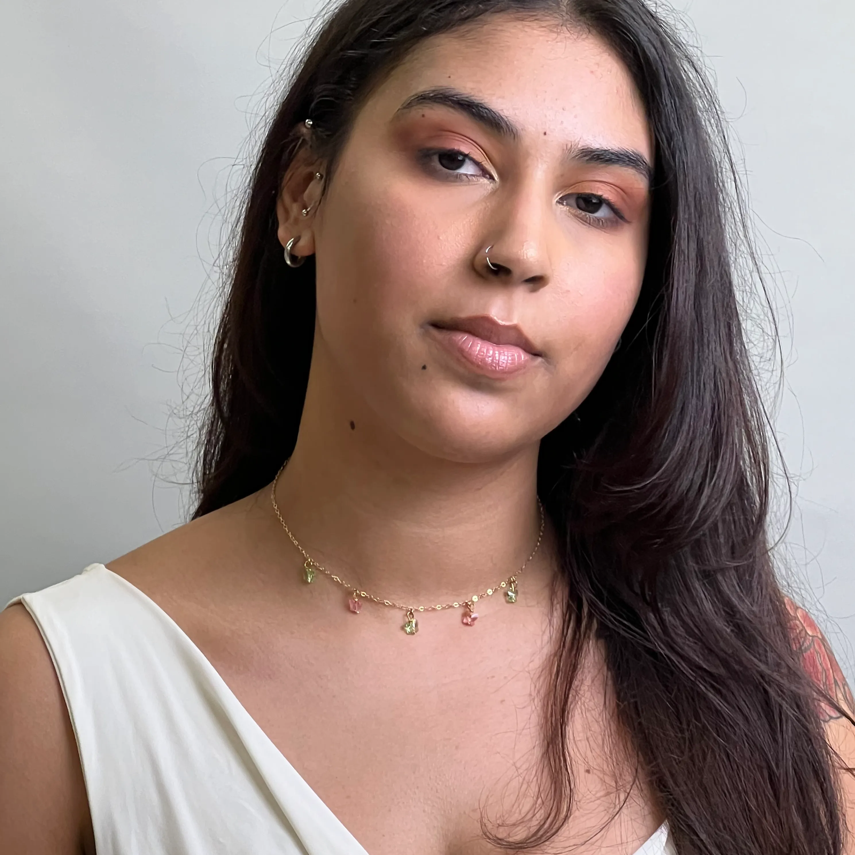 Pink  Peridot Butterfly Choker 14K Gold Necklace