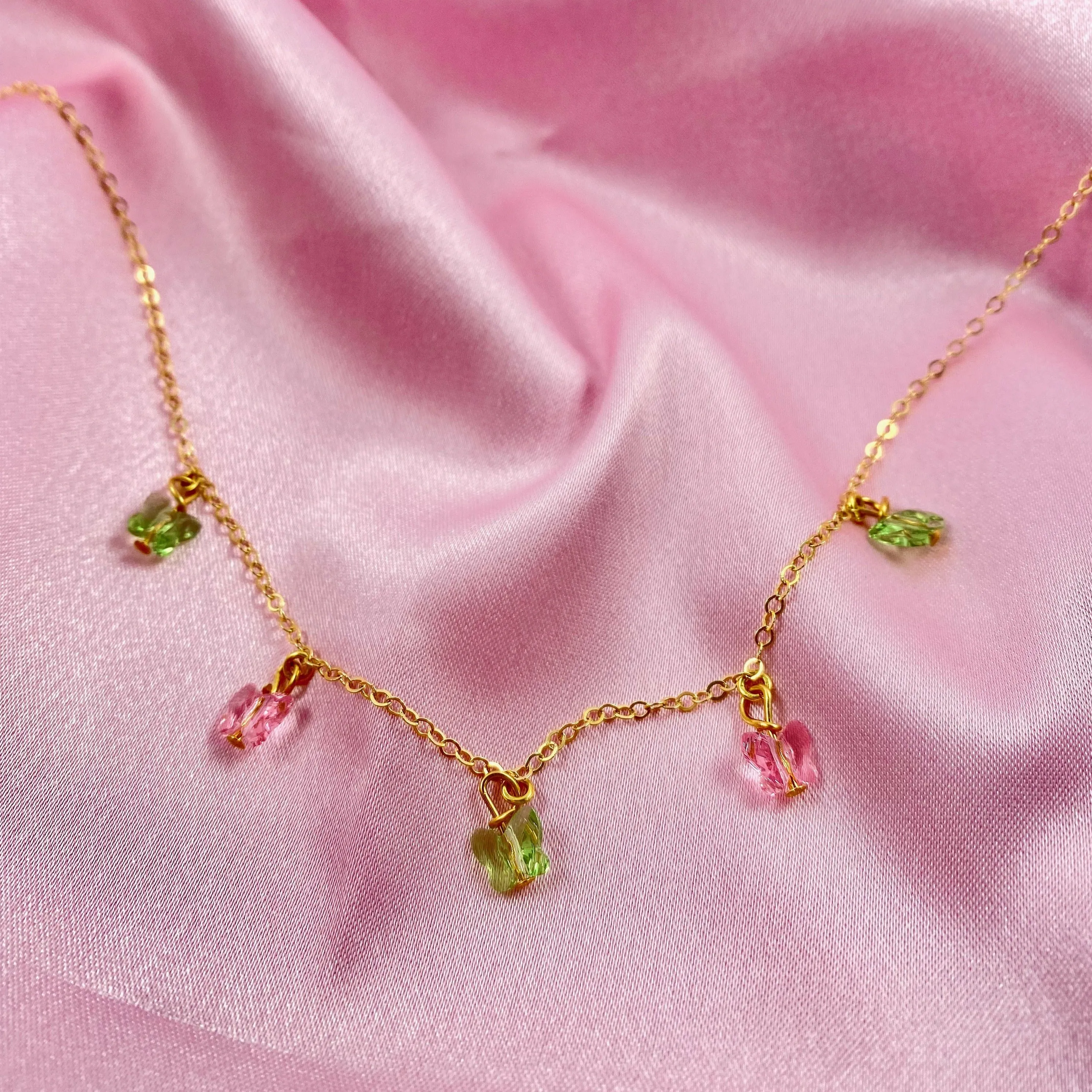 Pink  Peridot Butterfly Choker 14K Gold Necklace