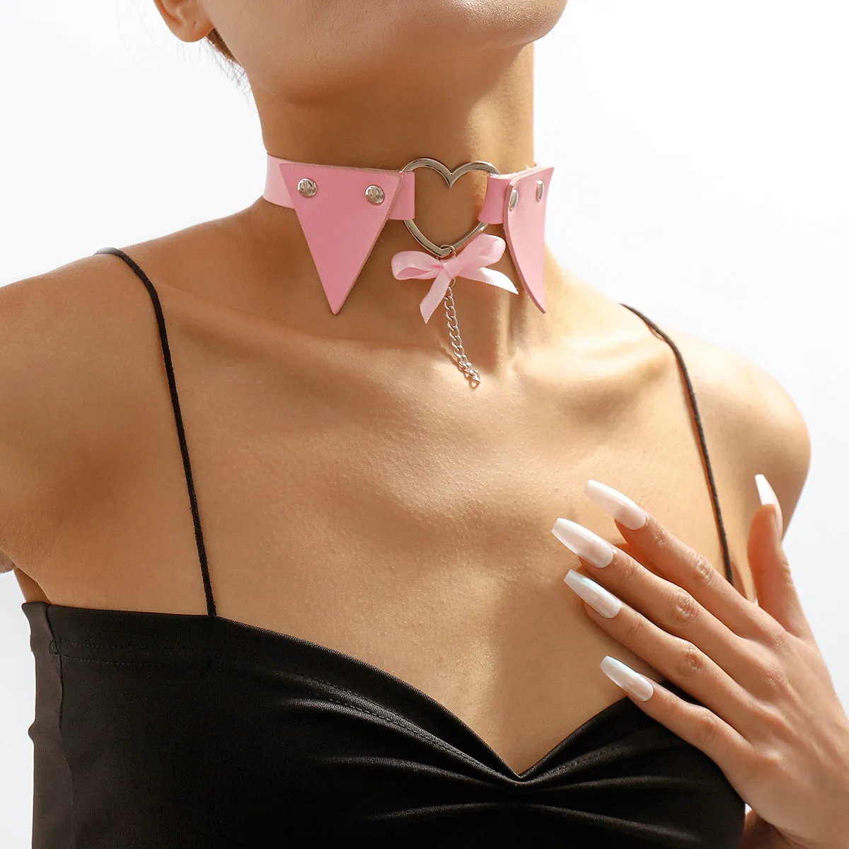 Pink Polystyrene & Silver-Plated Heart Choker Necklace
