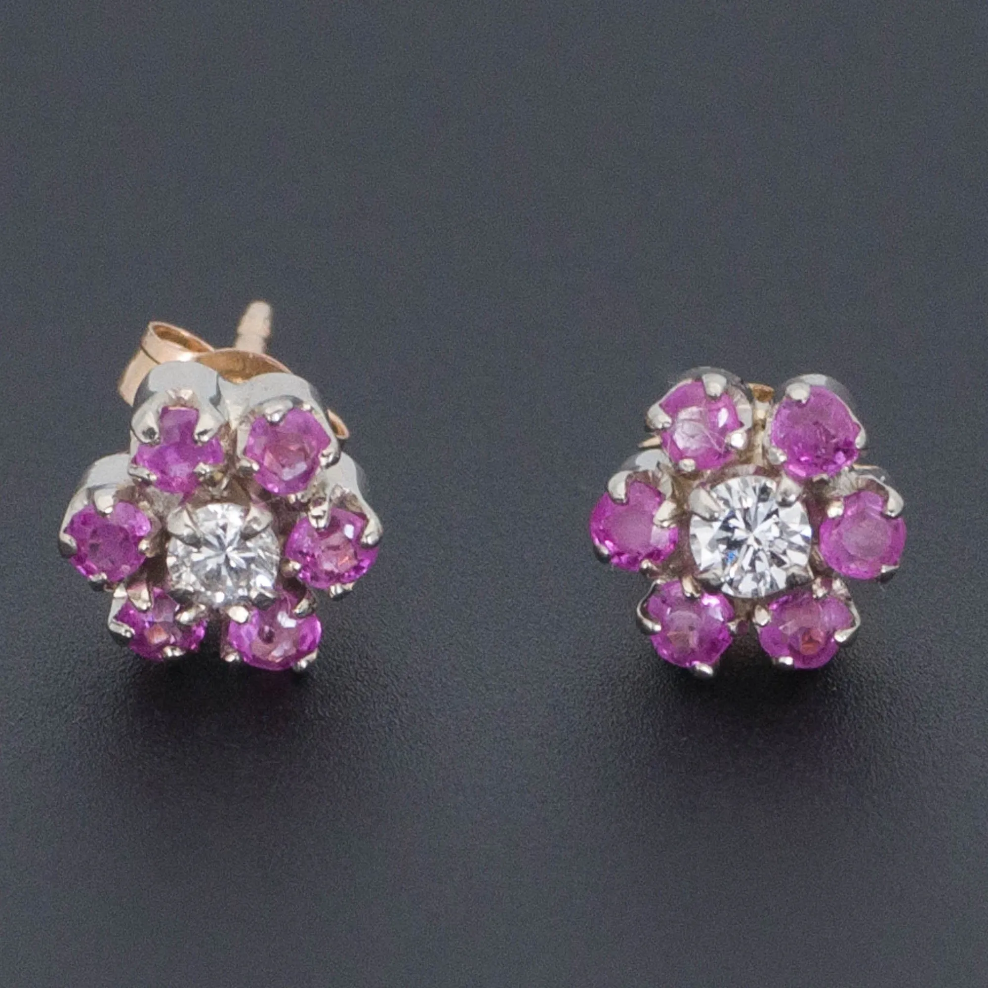 Pink Sapphire & Diamond Flower Earrings | 14k Gold Earrings