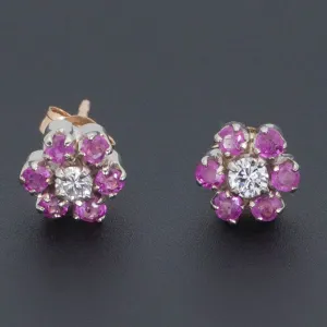 Pink Sapphire & Diamond Flower Earrings | 14k Gold Earrings