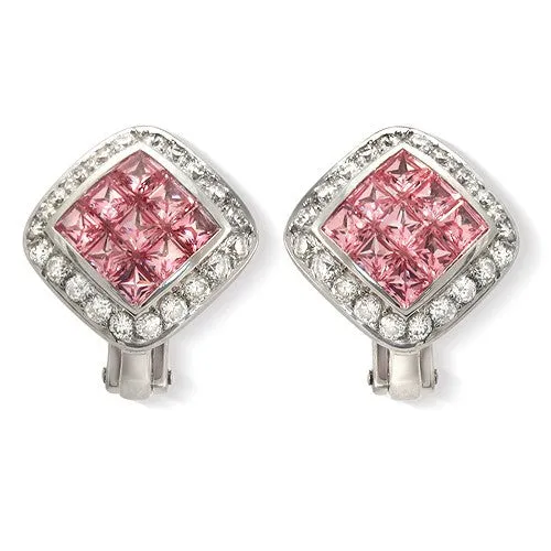 Pink Sapphire & Pave Diamond Earrings, 18k White Gold