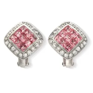 Pink Sapphire & Pave Diamond Earrings, 18k White Gold
