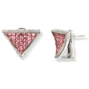 Pink Sapphire & Pave Diamond Triangle Shaped Earrings, 18k White Gold