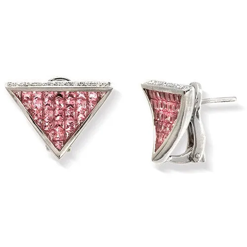 Pink Sapphire & Pave Diamond Triangle Shaped Earrings, 18k White Gold