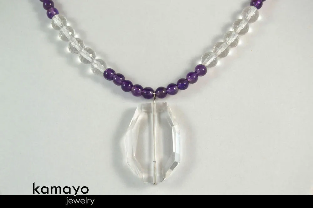 PISCES NECKLACE - Clear Quartz Pendant and Purple Amethyst Beads