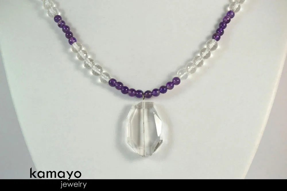 PISCES NECKLACE - Clear Quartz Pendant and Purple Amethyst Beads