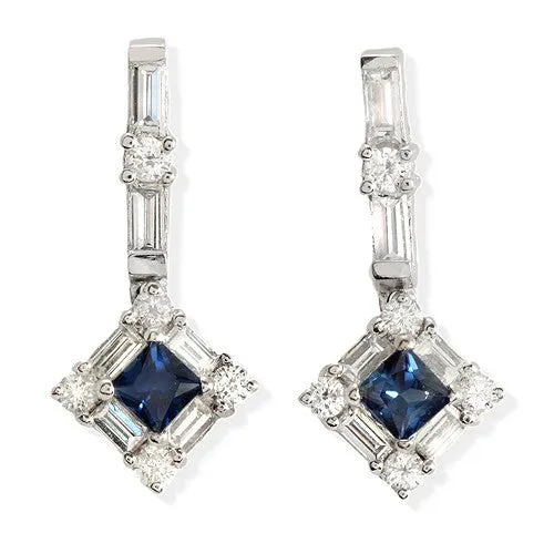 Princess-cut Sapphire & Diamond Earrings, 18k White Gold