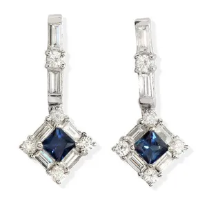 Princess-cut Sapphire & Diamond Earrings, 18k White Gold