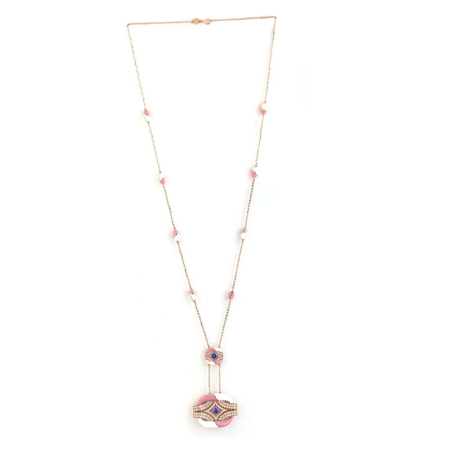 Princess Cut Tanzanite Pave Diamond Enamel Designer Choker Necklace In Rose Gold