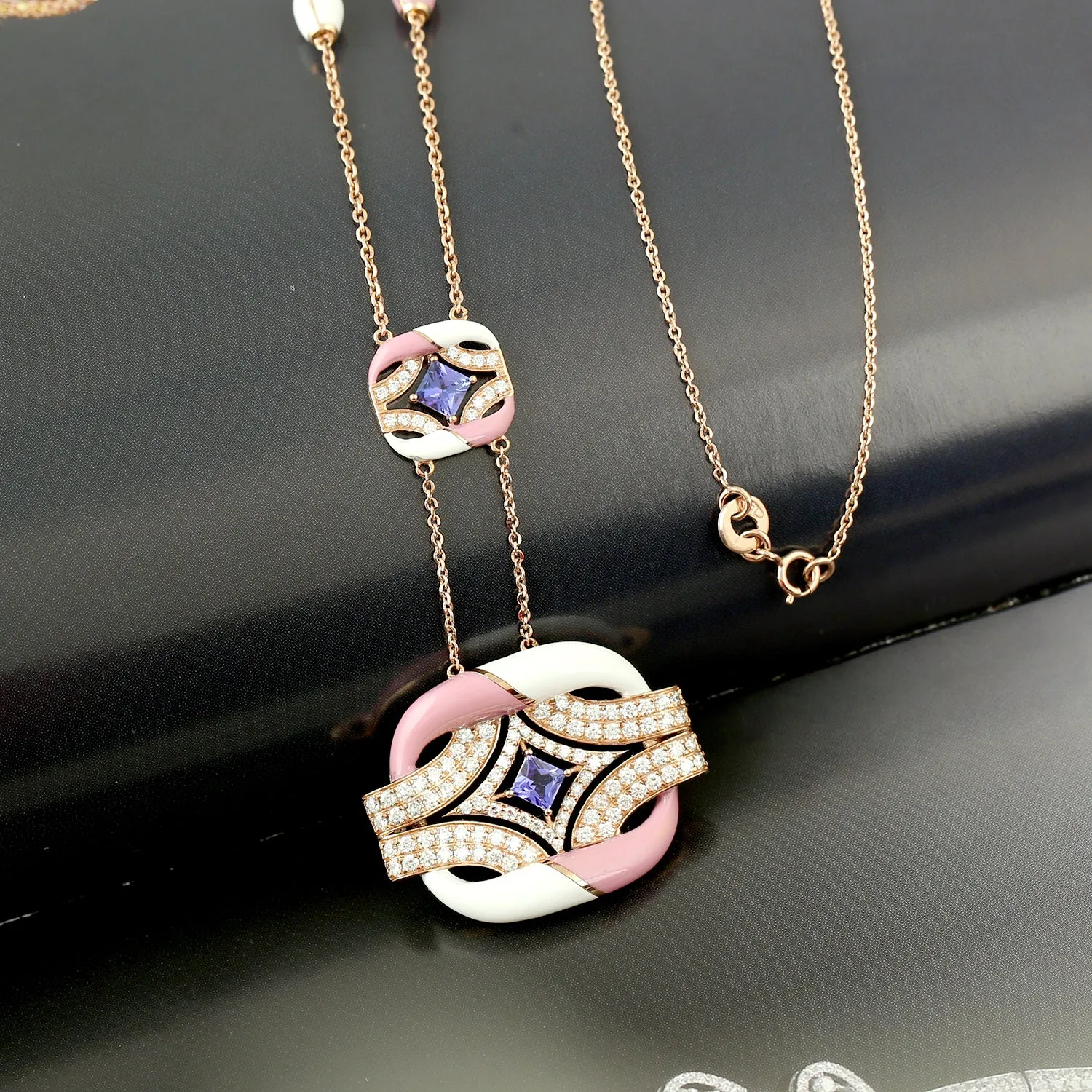 Princess Cut Tanzanite Pave Diamond Enamel Designer Choker Necklace In Rose Gold