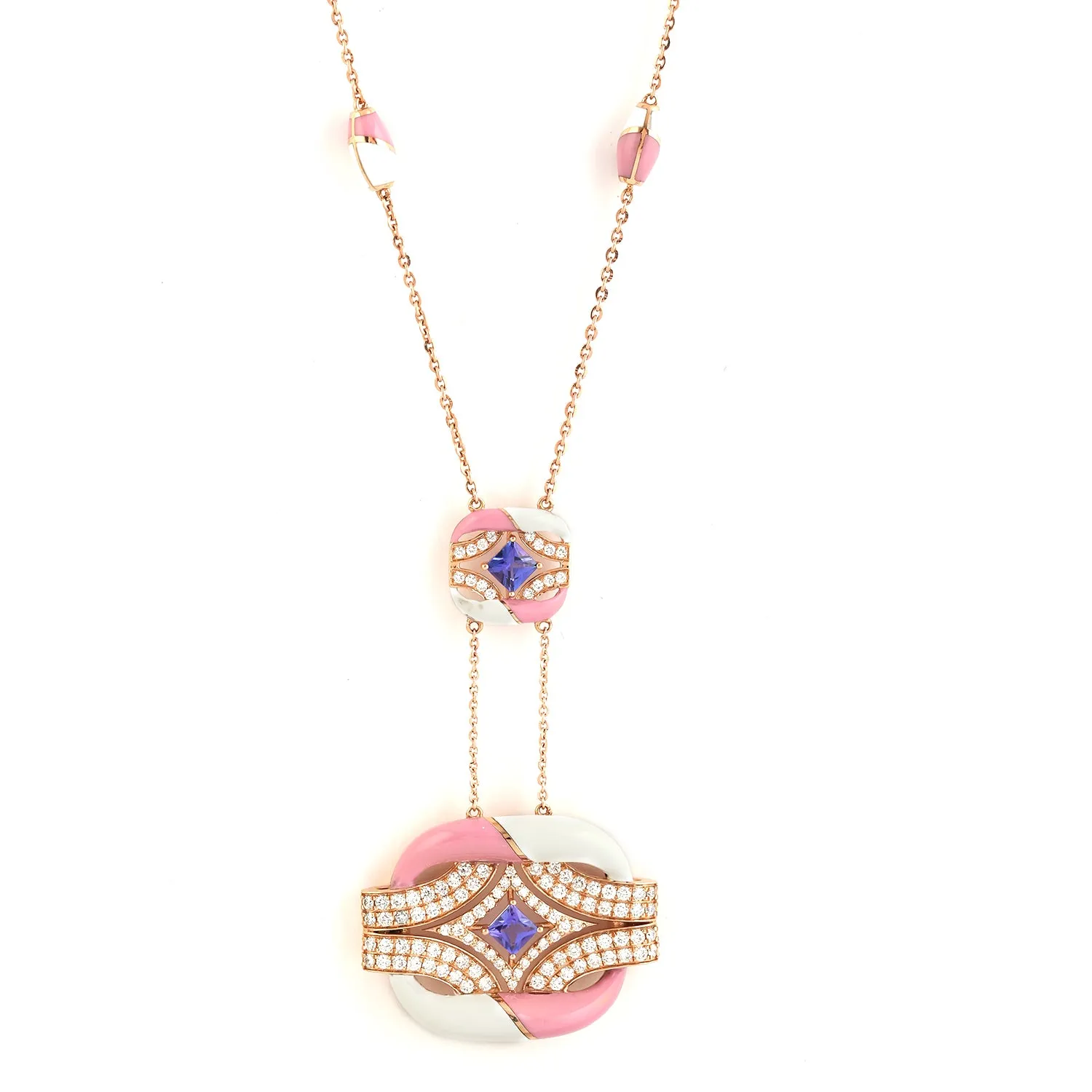 Princess Cut Tanzanite Pave Diamond Enamel Designer Choker Necklace In Rose Gold