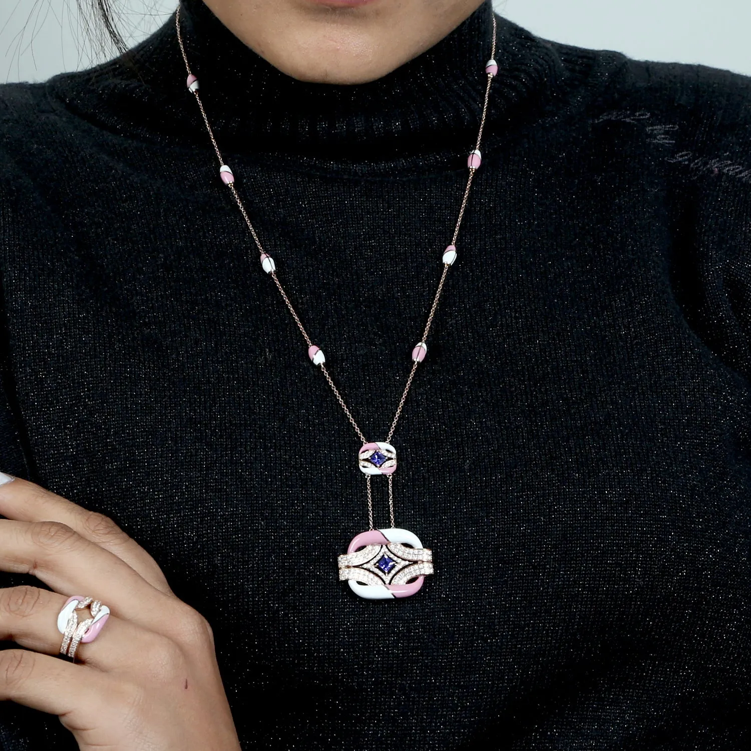 Princess Cut Tanzanite Pave Diamond Enamel Designer Choker Necklace In Rose Gold