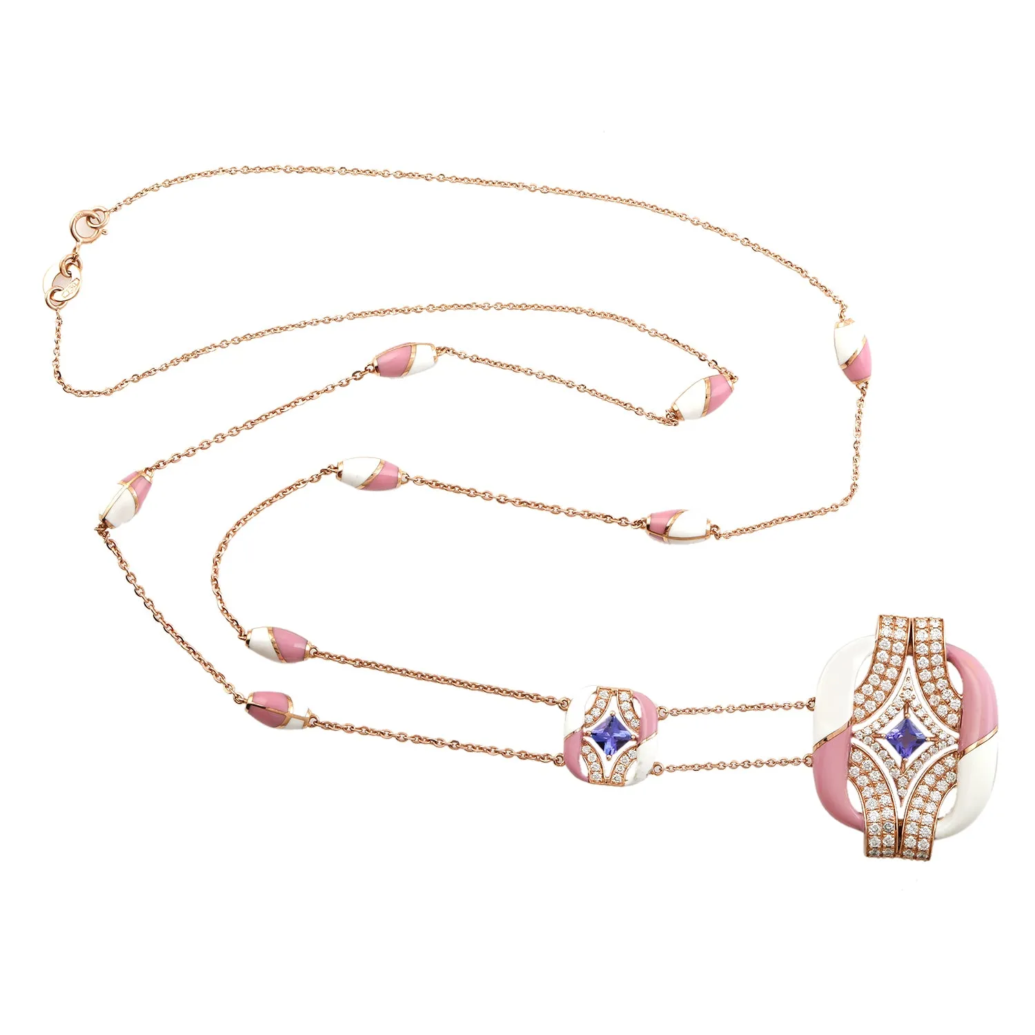 Princess Cut Tanzanite Pave Diamond Enamel Designer Choker Necklace In Rose Gold