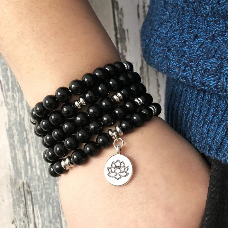 "I Am Grounded" Onyx Mala - 108 Bead With Lotus Charm