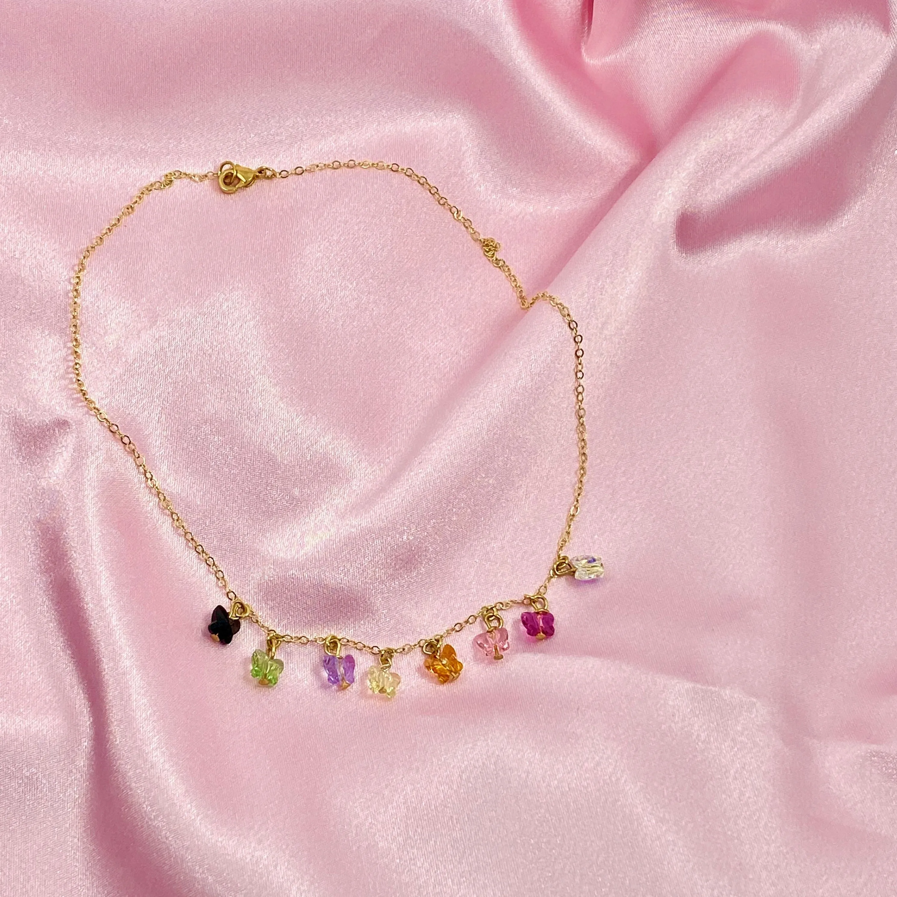 Rainbow Butterfly Choker 14K Gold Necklace