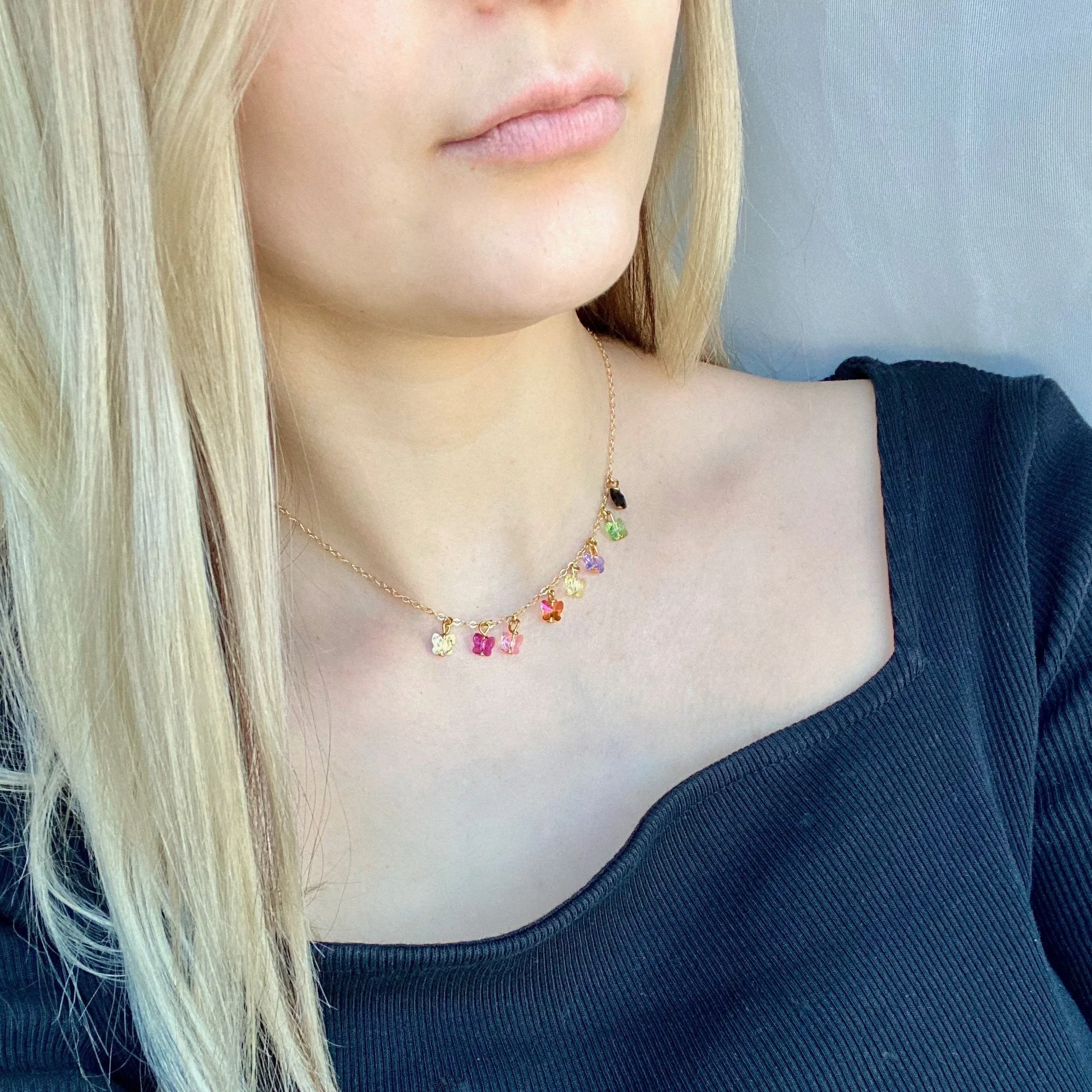 Rainbow Butterfly Choker 14K Gold Necklace