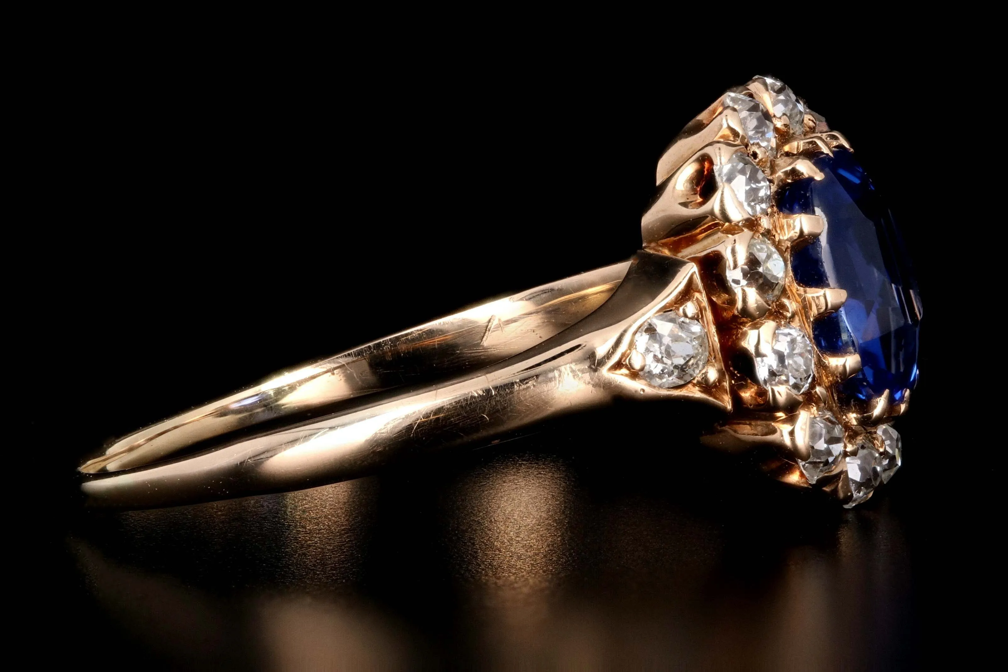 Rare Victorian 14K Rose Gold 1.1 Carat Kashmir Cushion Cut Sapphire and Old Mine Cut Diamond Ring AGL Certified