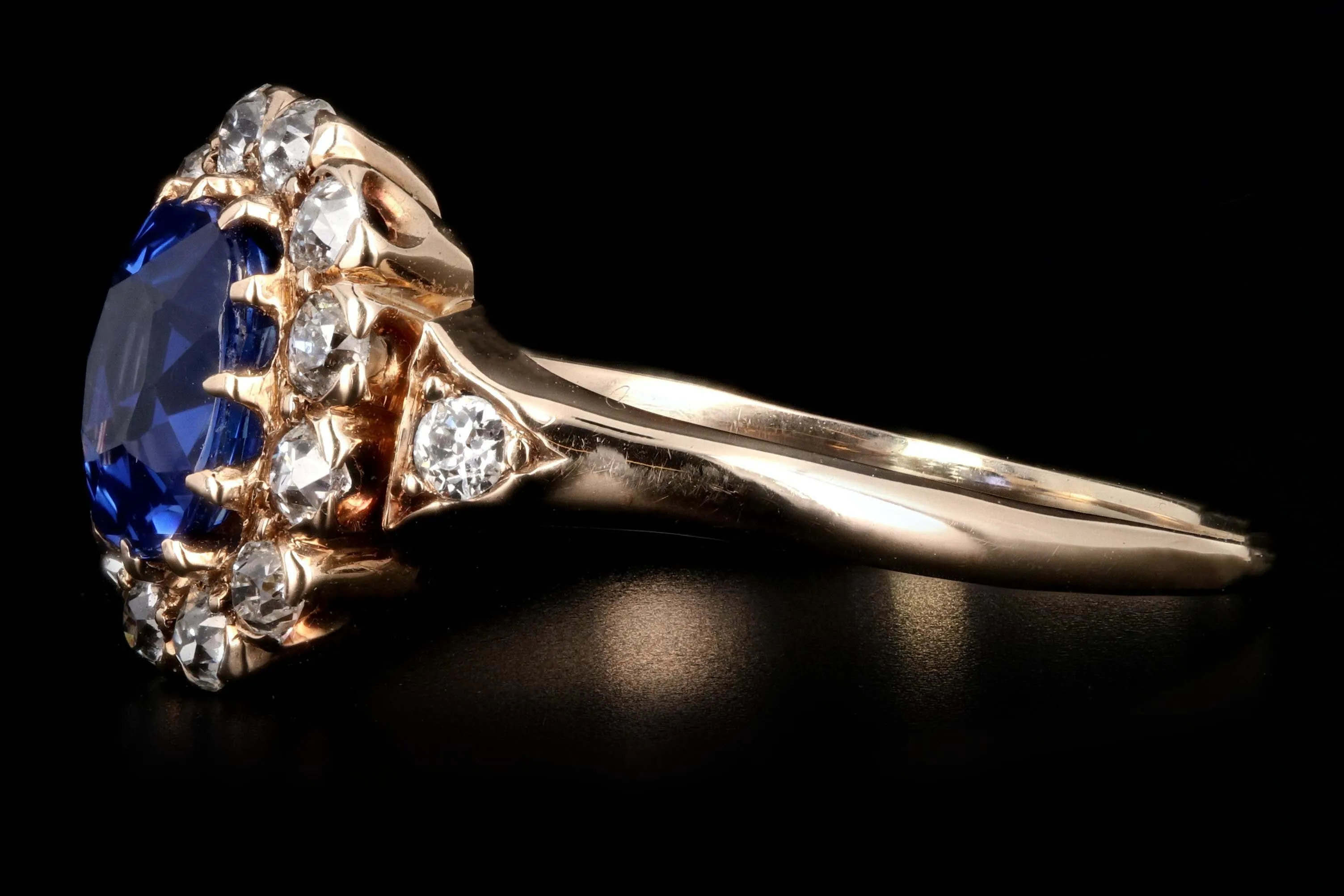 Rare Victorian 14K Rose Gold 1.1 Carat Kashmir Cushion Cut Sapphire and Old Mine Cut Diamond Ring AGL Certified