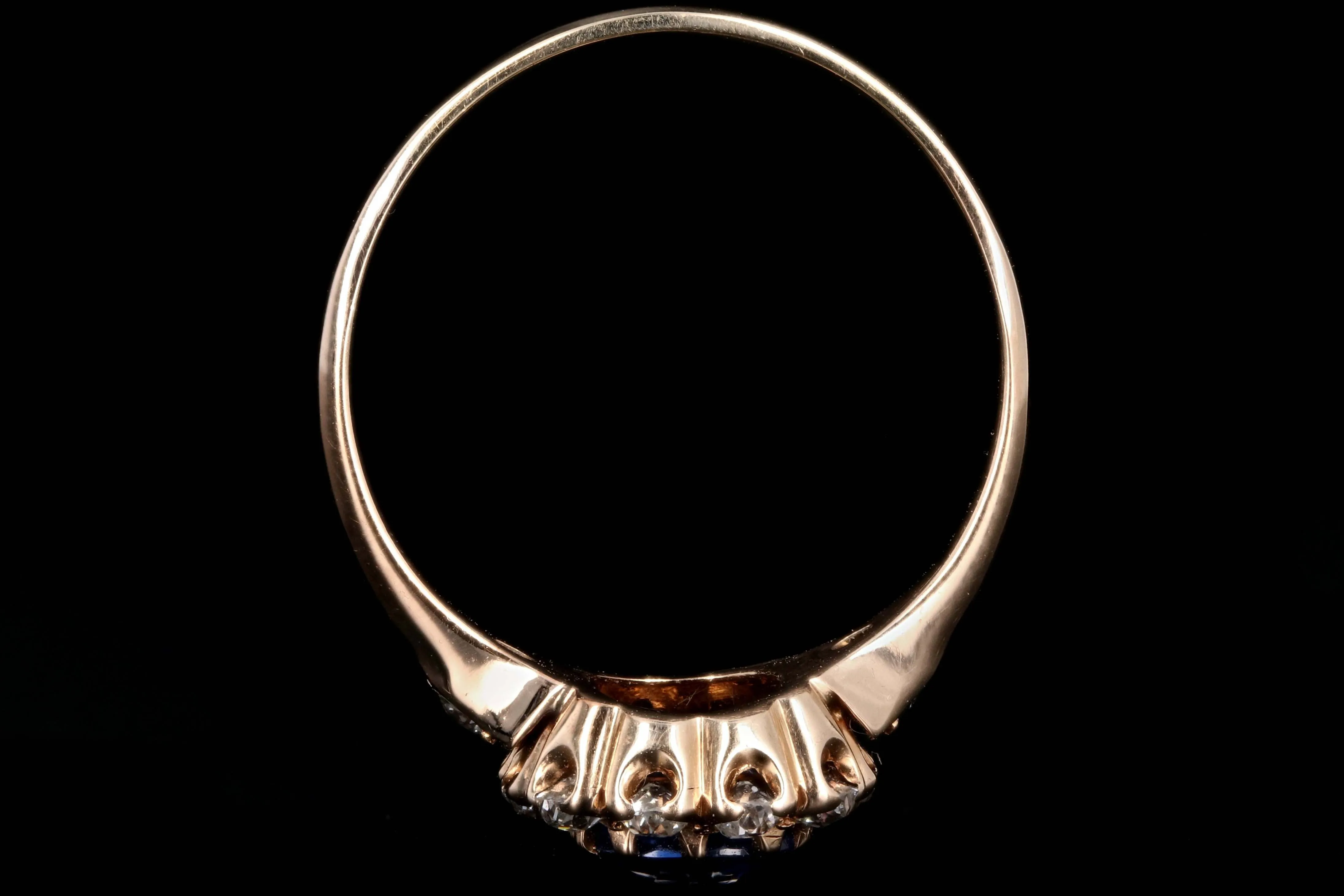 Rare Victorian 14K Rose Gold 1.1 Carat Kashmir Cushion Cut Sapphire and Old Mine Cut Diamond Ring AGL Certified