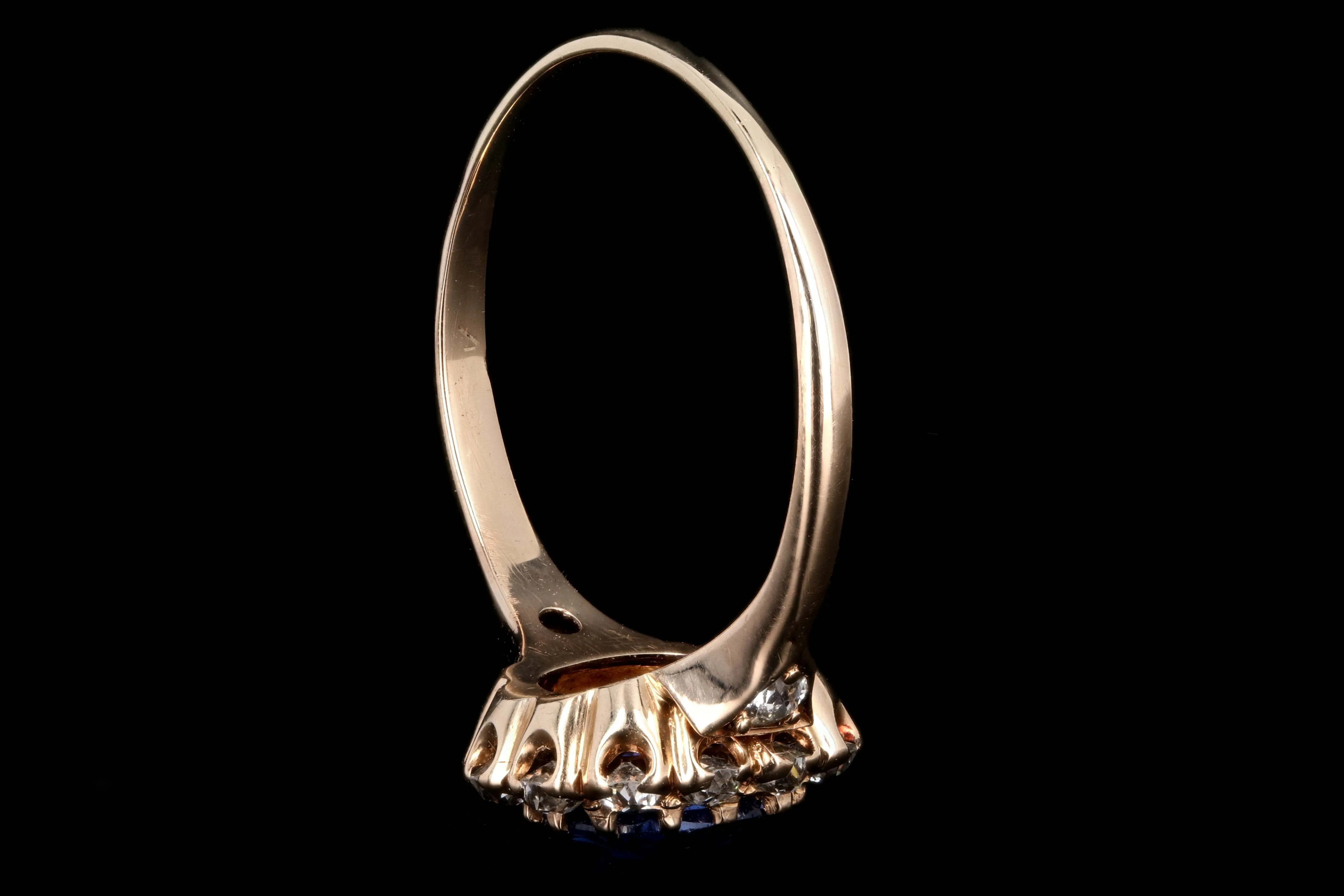 Rare Victorian 14K Rose Gold 1.1 Carat Kashmir Cushion Cut Sapphire and Old Mine Cut Diamond Ring AGL Certified