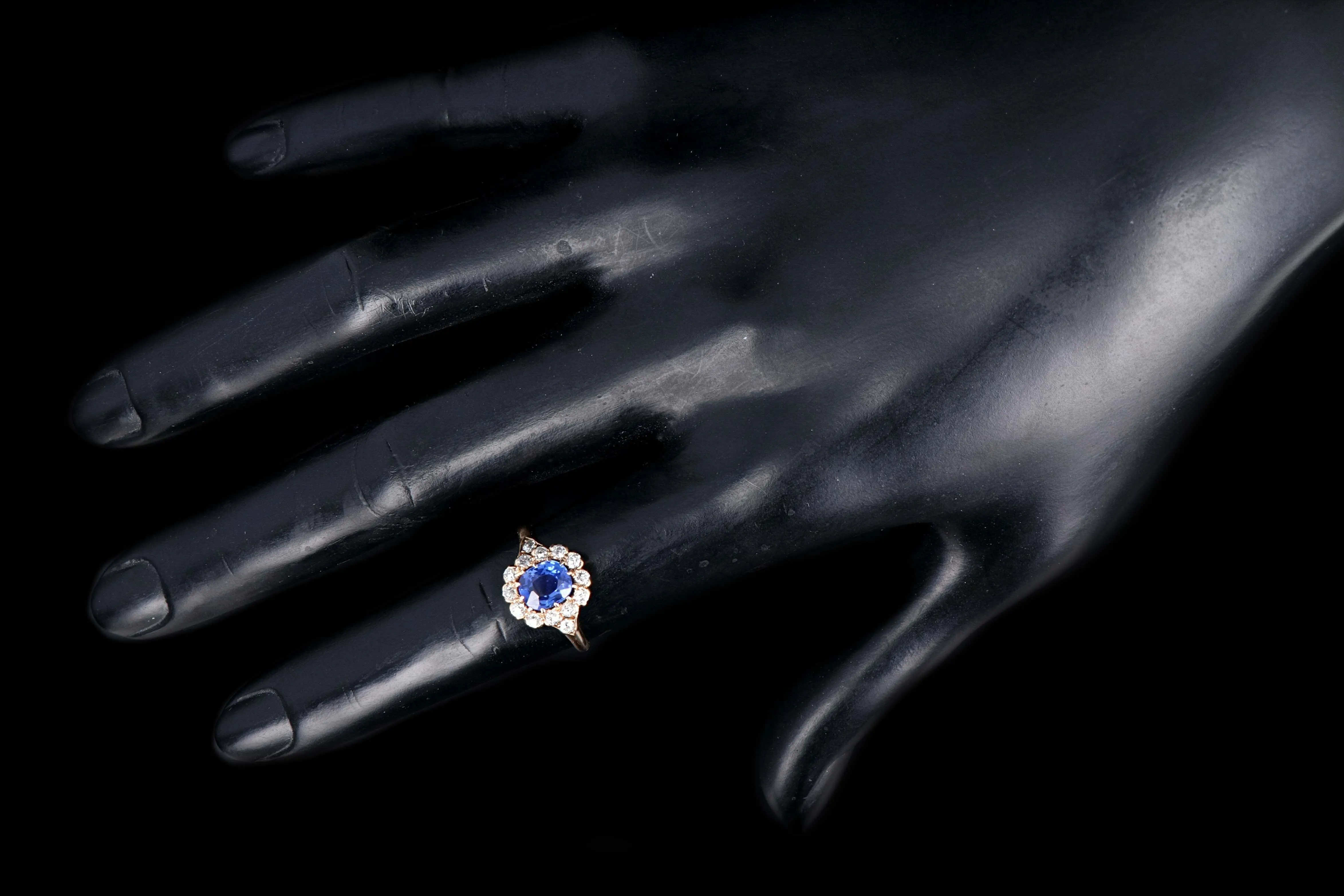 Rare Victorian 14K Rose Gold 1.1 Carat Kashmir Cushion Cut Sapphire and Old Mine Cut Diamond Ring AGL Certified