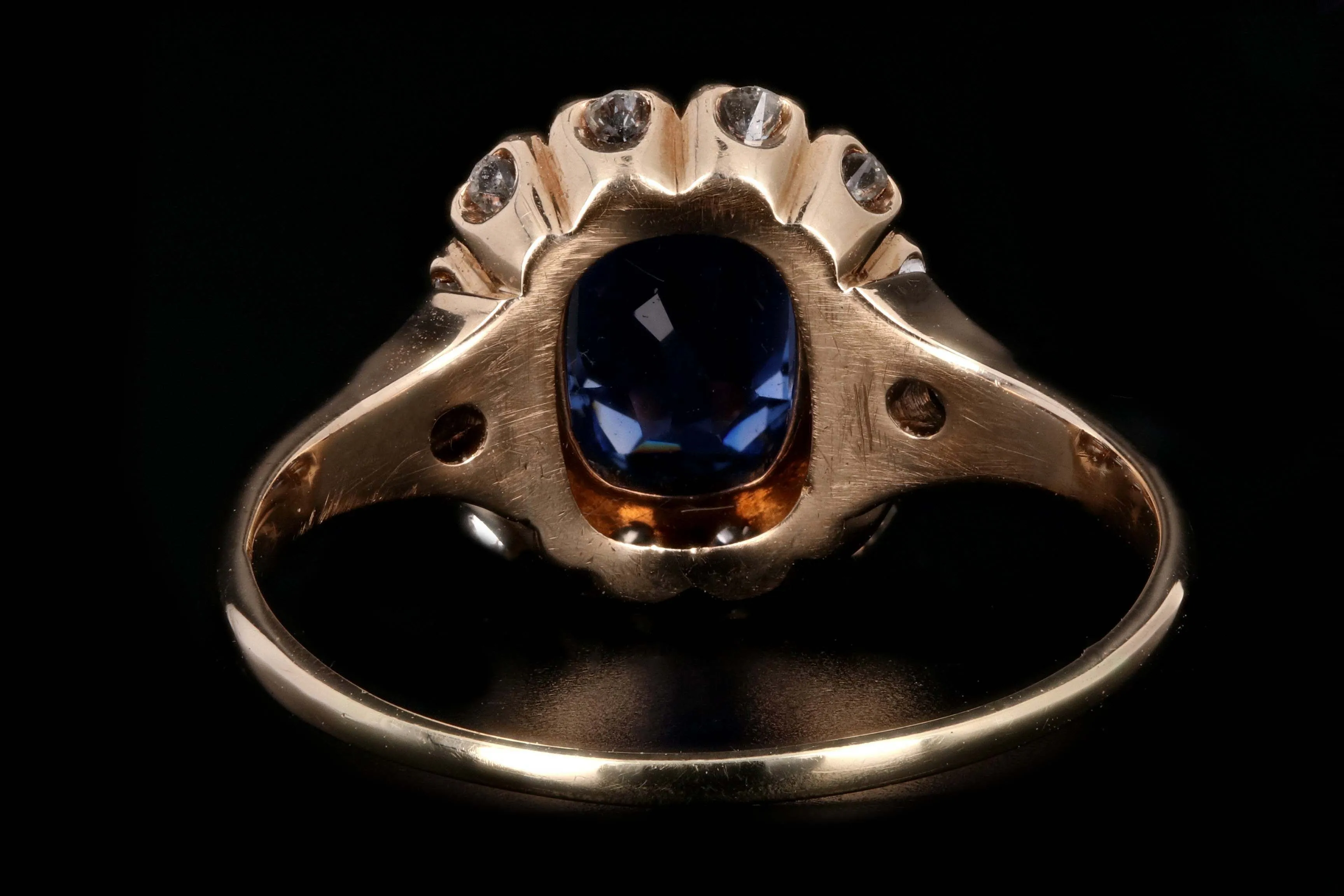 Rare Victorian 14K Rose Gold 1.1 Carat Kashmir Cushion Cut Sapphire and Old Mine Cut Diamond Ring AGL Certified