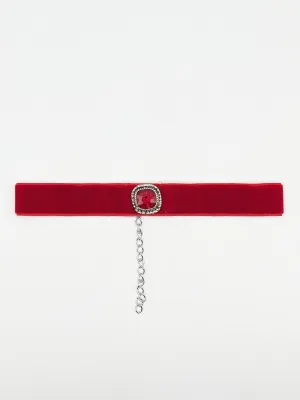 Red Faux Velvet Choker Necklace with Red Jewel