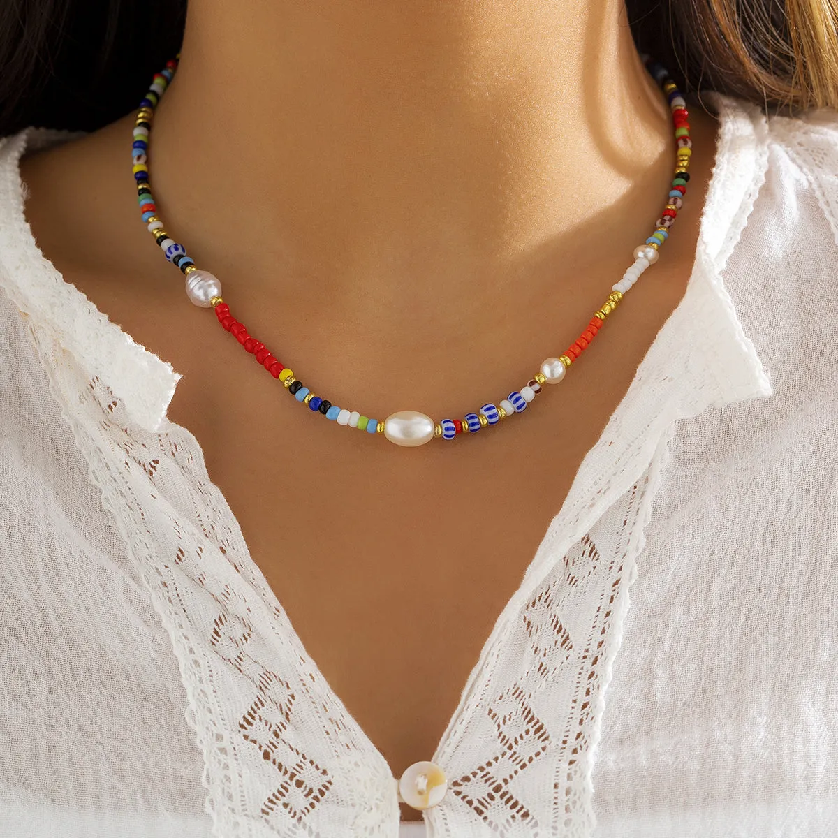 Red Howlite & Pearl Silver-Plated Beaded Choker Necklace