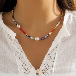 Red Howlite & Pearl Silver-Plated Beaded Choker Necklace