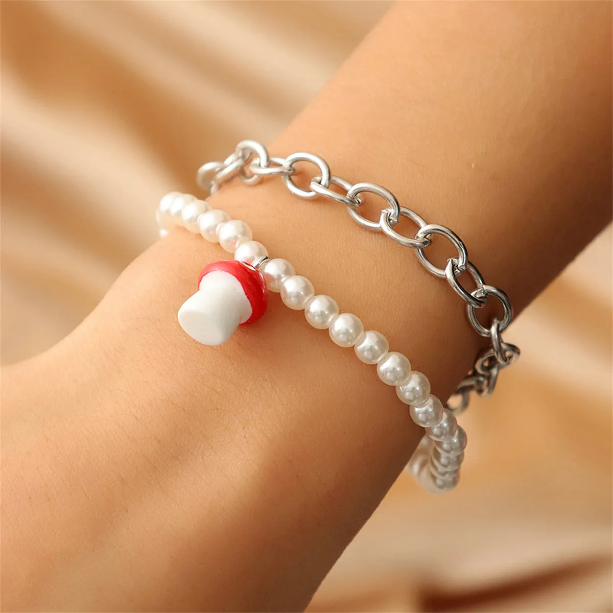 Red Resin & Pearl Silver-Plated Mushroom Layered Bracelet