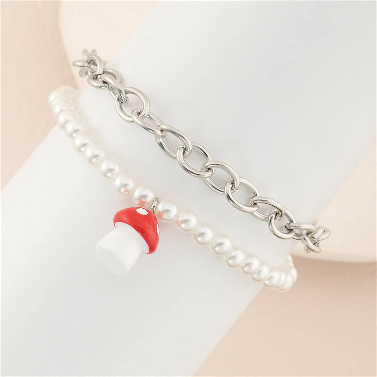 Red Resin & Pearl Silver-Plated Mushroom Layered Bracelet