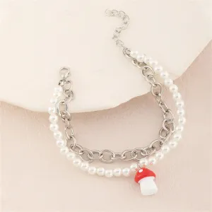 Red Resin & Pearl Silver-Plated Mushroom Layered Bracelet