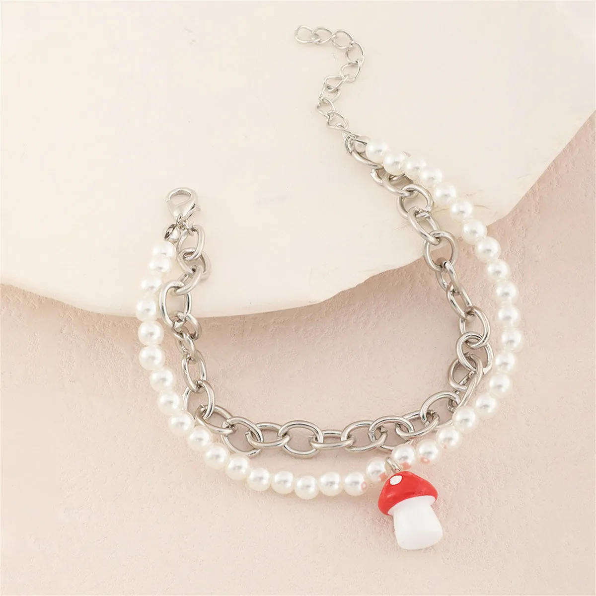 Red Resin & Pearl Silver-Plated Mushroom Layered Bracelet
