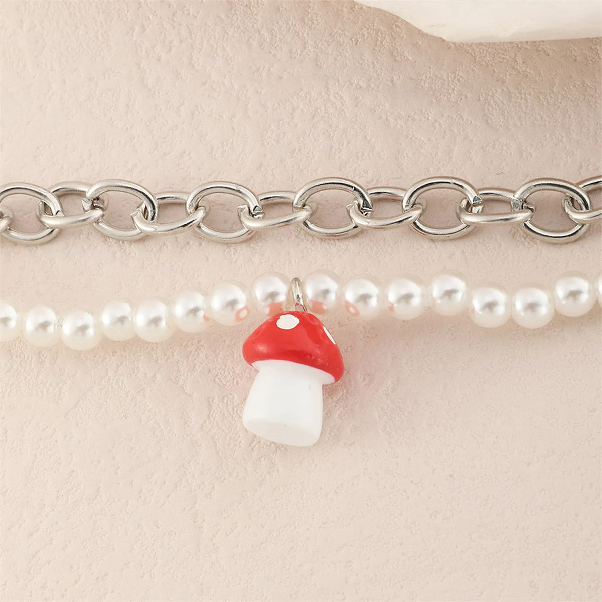 Red Resin & Pearl Silver-Plated Mushroom Layered Bracelet