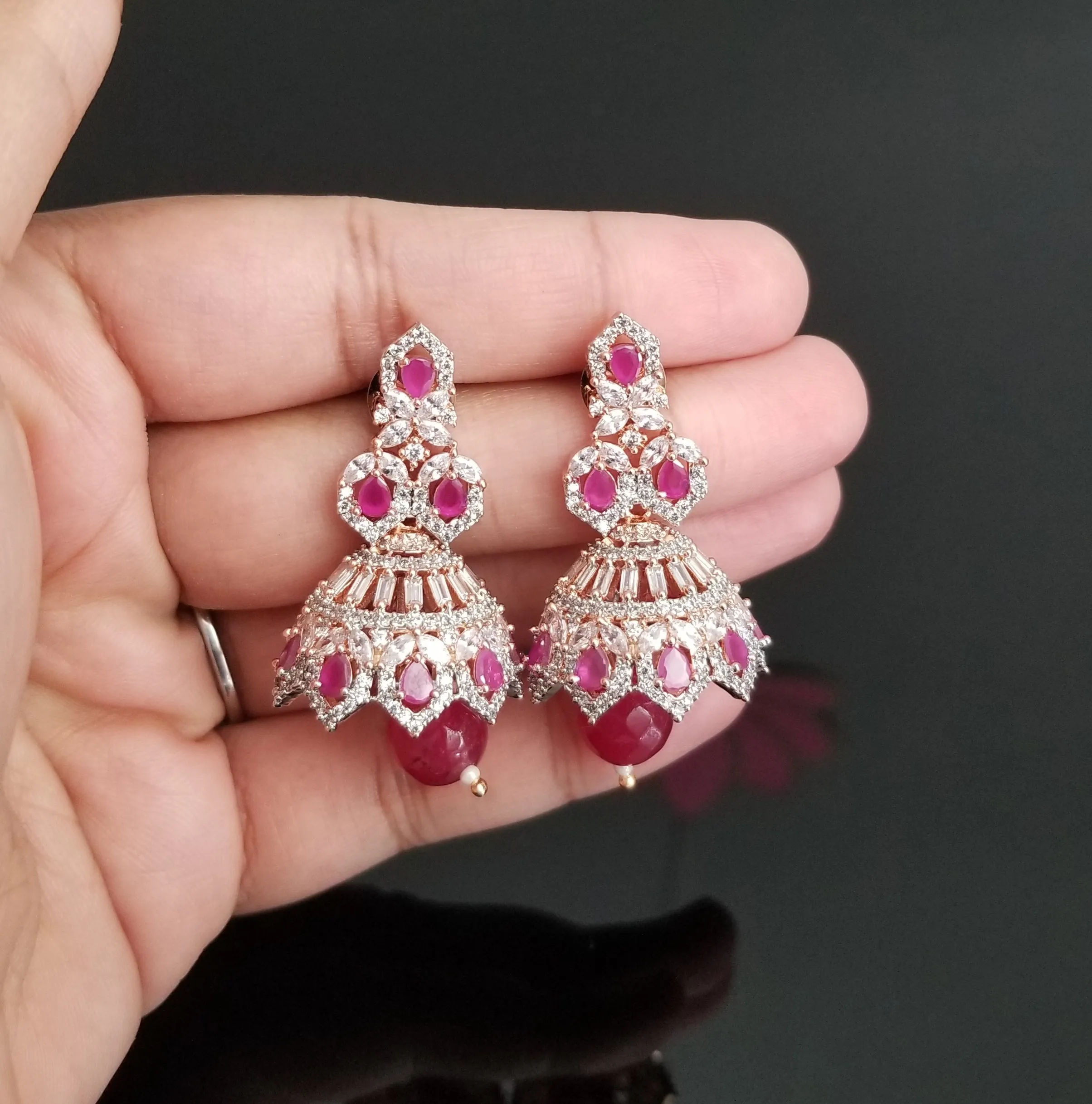 Reserved For Amulya Kishore American Diamond Jhumkas With Rose Gold Finish BT13